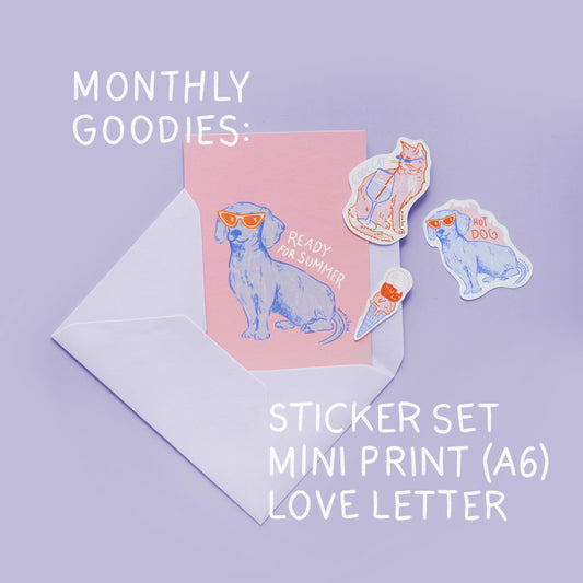 Inhalt des Mira Mail Club für Juni mit Stickern und Postkarte