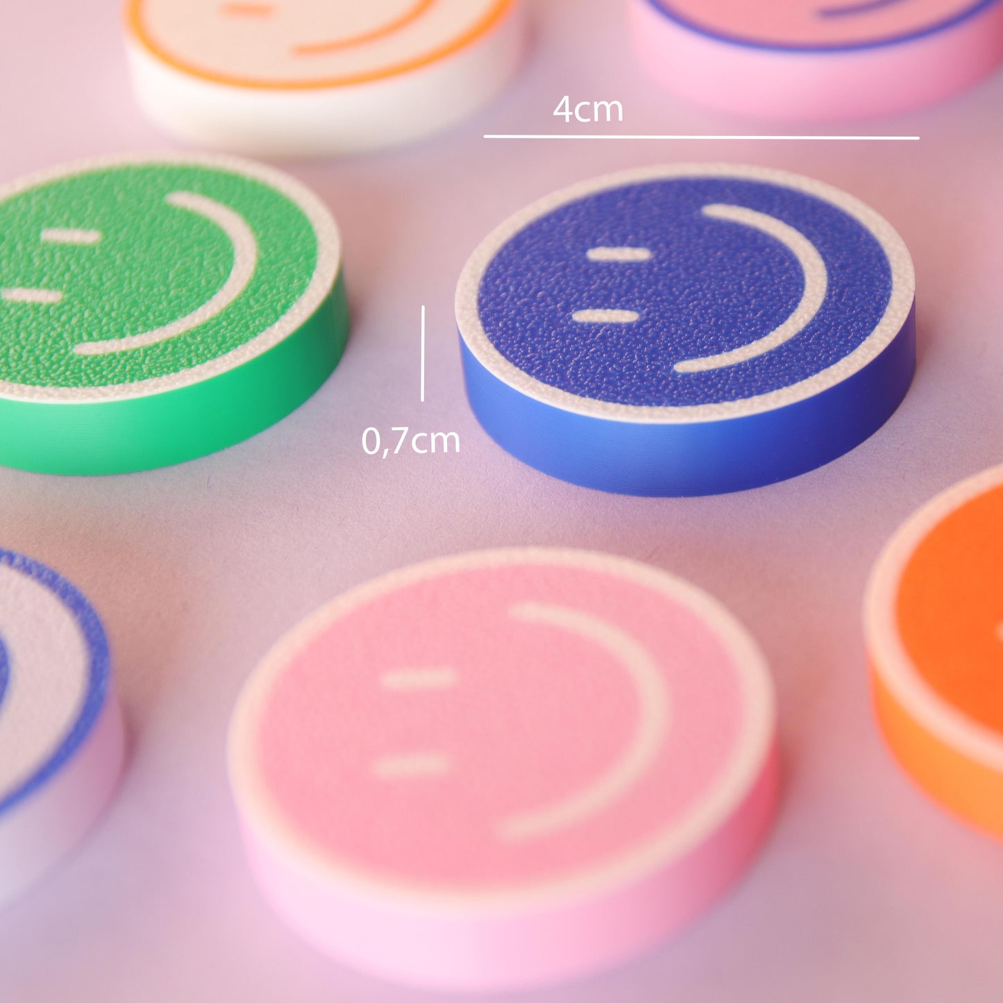 measurements of colorful 3D-printed smiley magnets