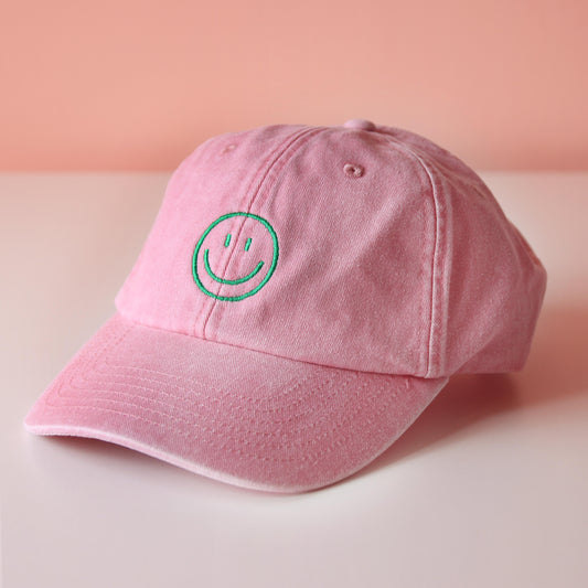 SMILEY, PINK+GRÜN - CAP BESTICKT