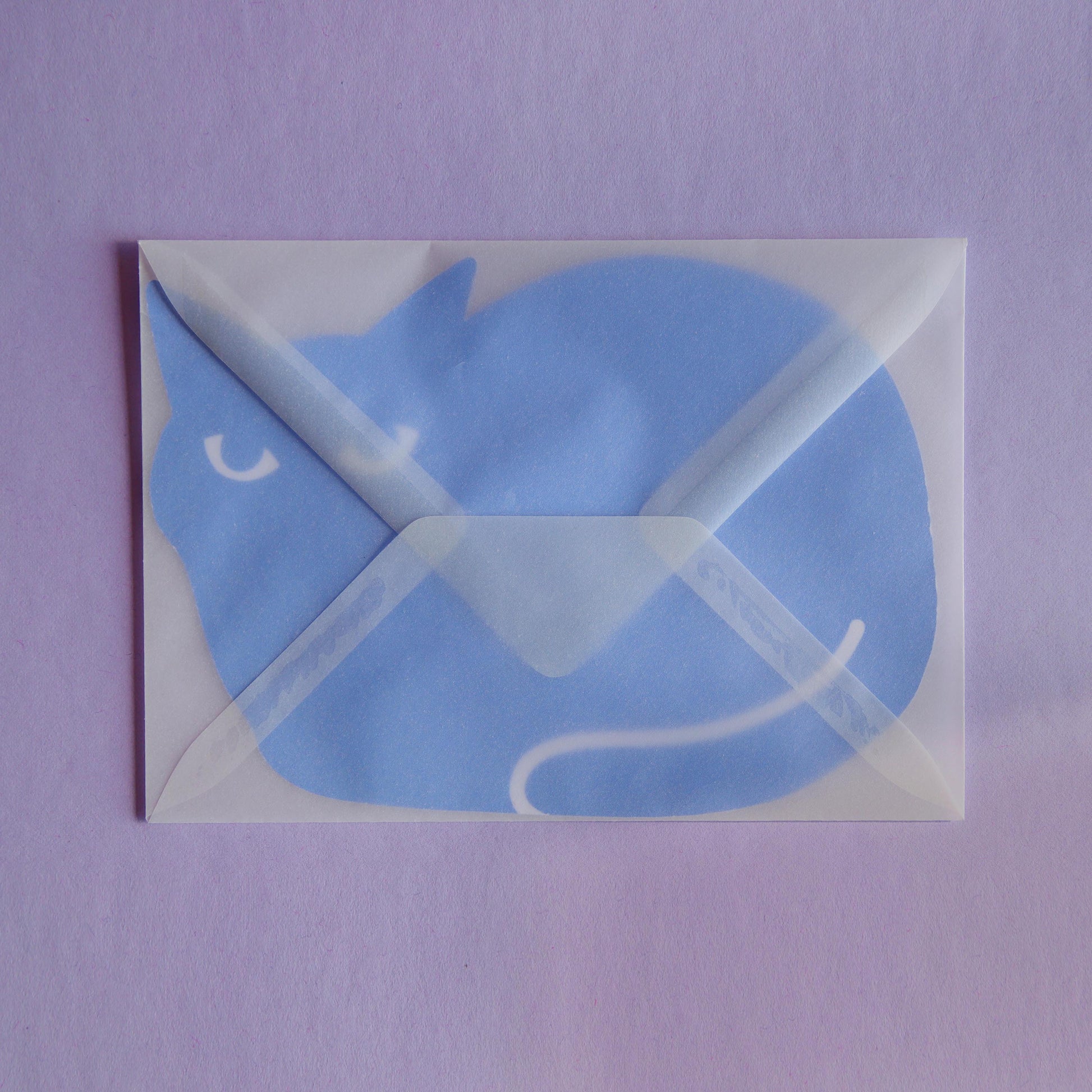 a postcard shaped like a cat inside a transparent envelope