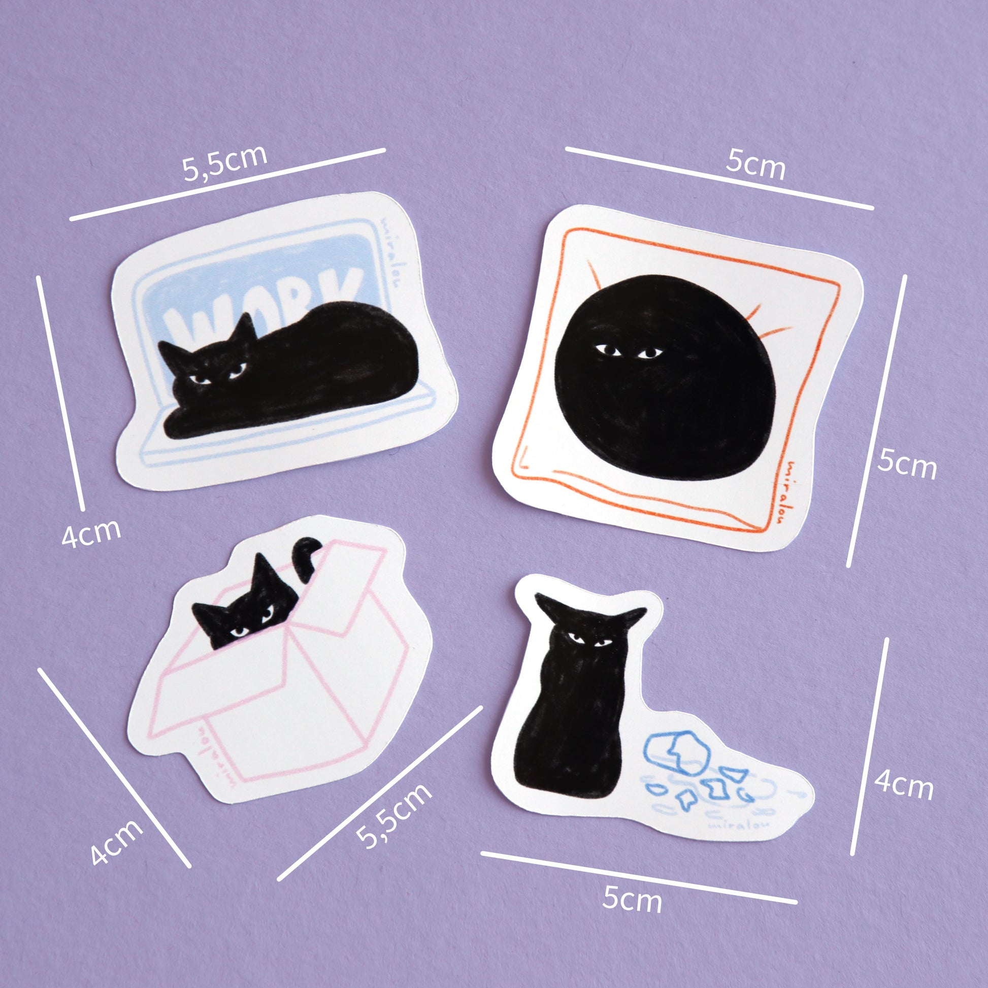 a sticker set of four playful designs of a black cat with measurements