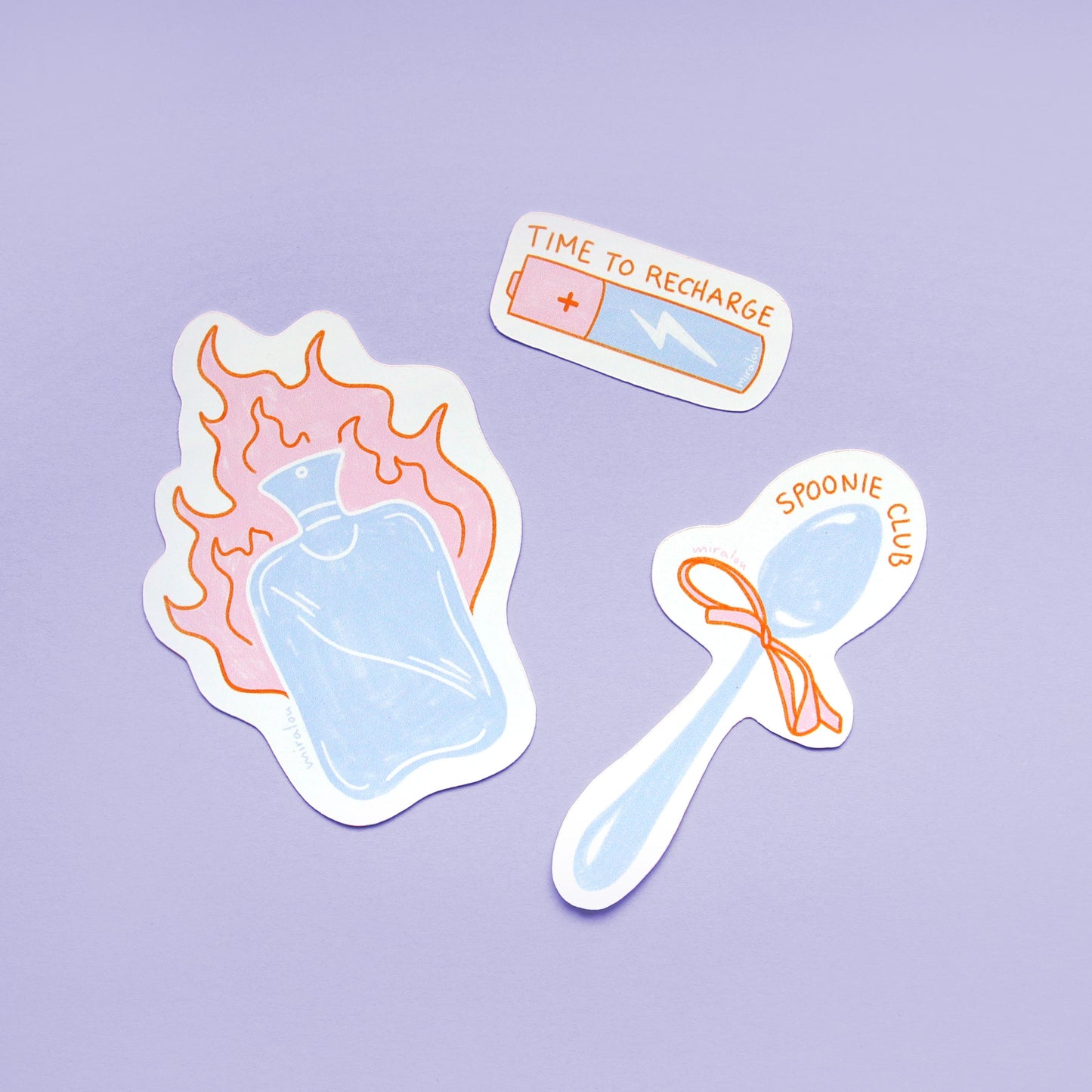 sticker set of illustrations of a hot water bottle, a spoon with a bow and a battery symbolizing chronic illness