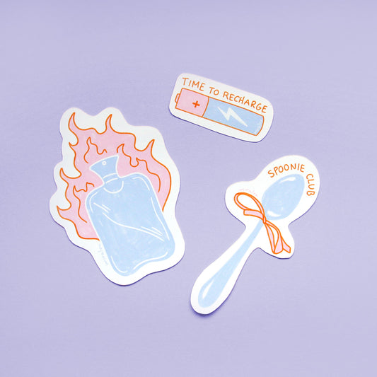 sticker set of illustrations of a hot water bottle, a spoon with a bow and a battery symbolizing chronic illness