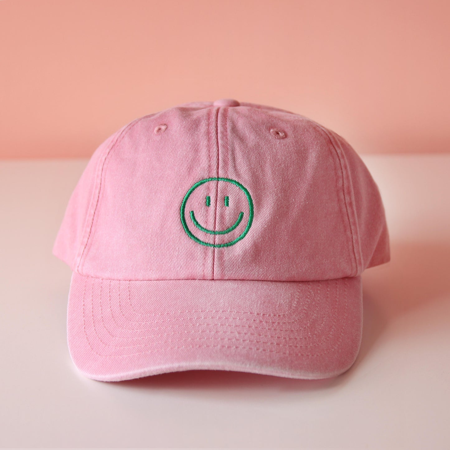 SMILEY, PINK+GRÜN - CAP BESTICKT