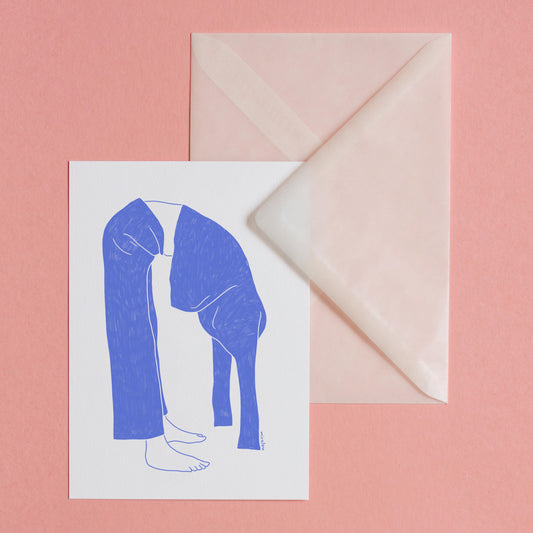 Postkarte mit einer Illustration einer sich vorn über beugenden Person in blau